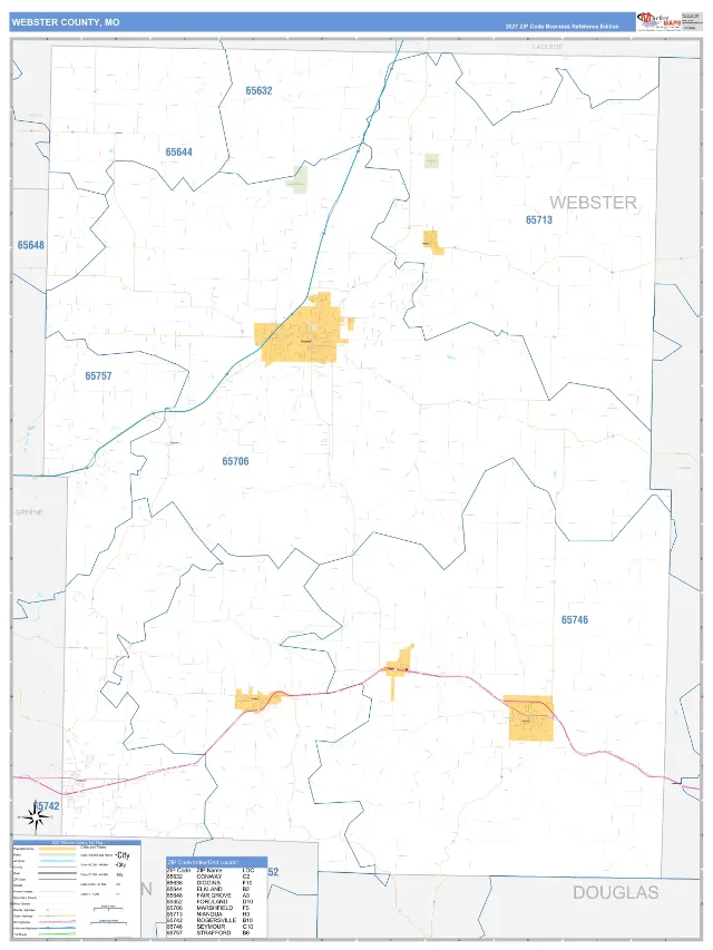 Webster County, MO ZIP Code Wall Map, Business Reference style