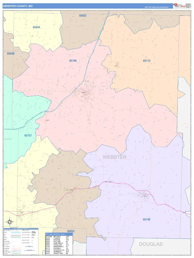Webster County, MO ZIP Code Wall Map, ColorCast style