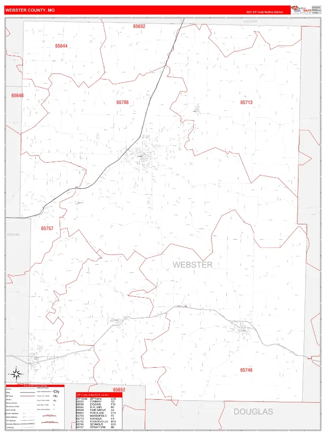 Webster County, MO ZIP Code Wall Map, RedLine style