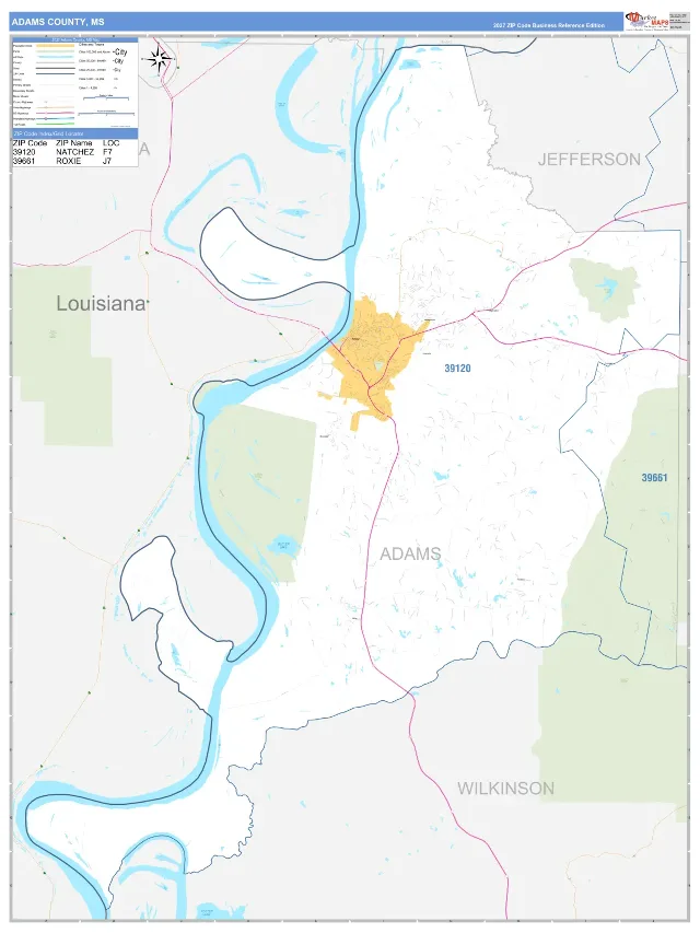 Adams County, MS ZIP Code Wall Map, Business Reference style