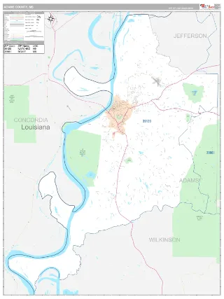 Adams County, MS Classic style ZIP Code wall map