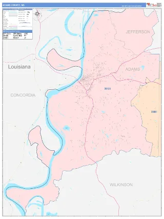Adams County, MS ColorCast style ZIP Code wall map