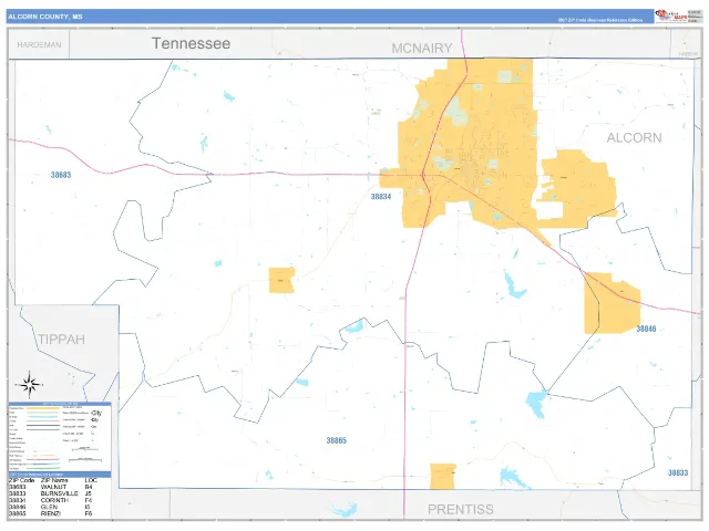 Alcorn County, MS ZIP Code Wall Map, Business Reference style