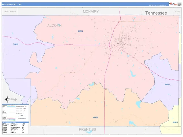 Alcorn County, MS ZIP Code Wall Map, ColorCast style