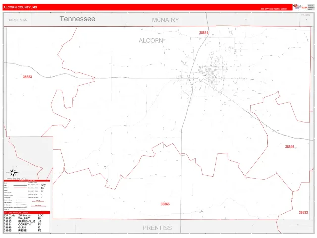 Alcorn County, MS ZIP Code Wall Map, RedLine style