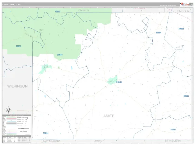Amite County, MS ZIP Code Wall Map, Classic style