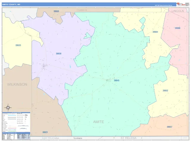 Amite County, MS ZIP Code Wall Map, ColorCast style