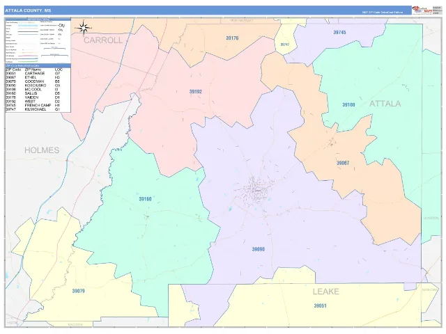 Attala County, MS ZIP Code Wall Map, ColorCast style