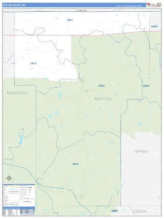 Benton County, MS Business Reference style ZIP Code wall map