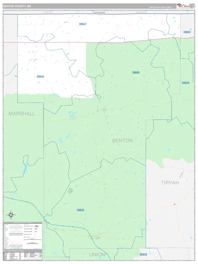Benton County, MS ZIP Code Wall Map, Classic style