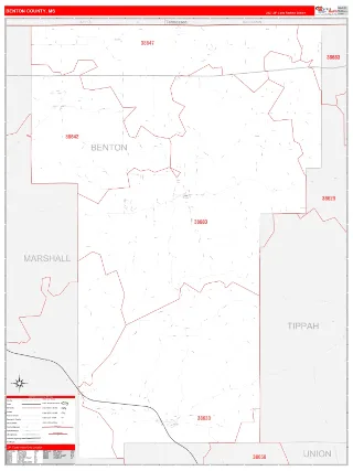 Benton County, MS RedLine style ZIP Code wall map