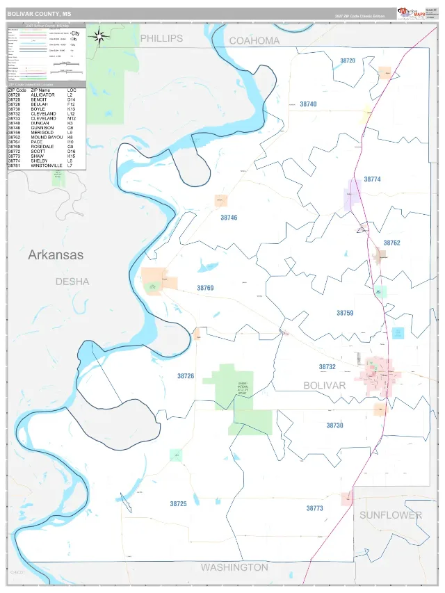 Bolivar County, MS ZIP Code Wall Map, Classic style