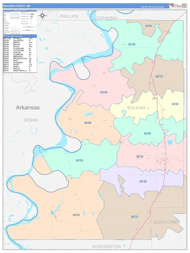 Bolivar County, MS ZIP Code Wall Map, ColorCast style