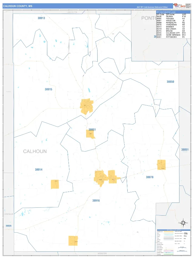 Calhoun County, MS ZIP Code Wall Map, Business Reference style