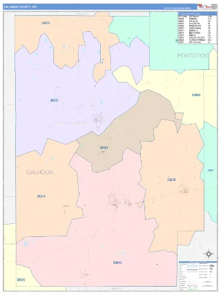 Calhoun County, MS ColorCast style ZIP Code wall map