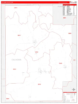 Calhoun County, MS RedLine style ZIP Code wall map