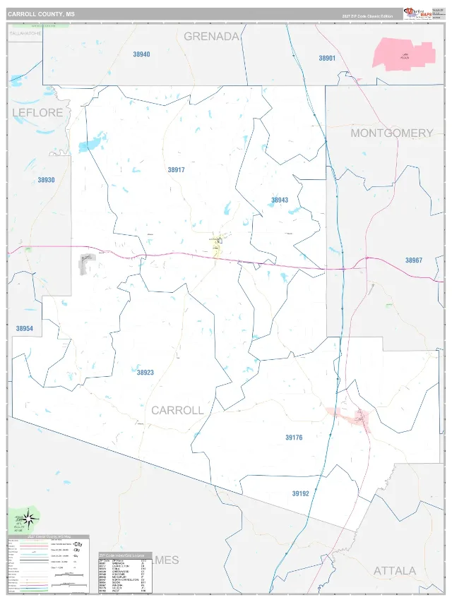 Carroll County, MS ZIP Code Wall Map, Classic style