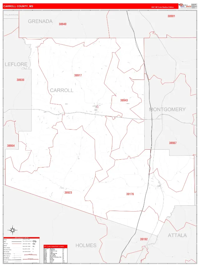 Carroll County, MS ZIP Code Wall Map, RedLine style