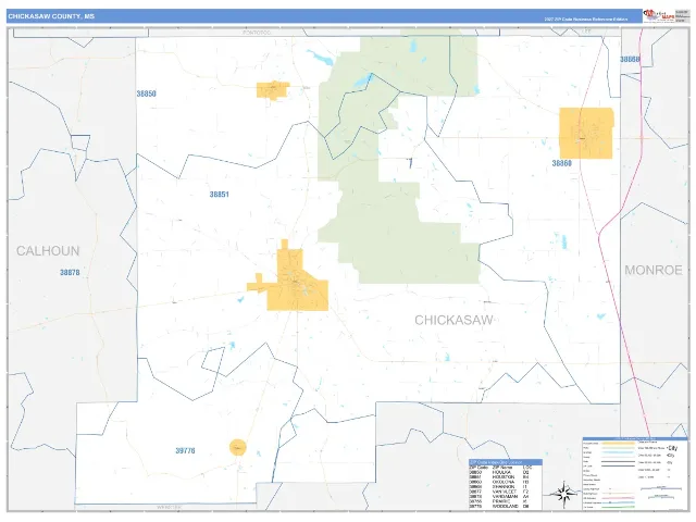 Chickasaw County, MS ZIP Code Wall Map, Business Reference style
