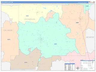 Chickasaw County, MS ColorCast style ZIP Code wall map