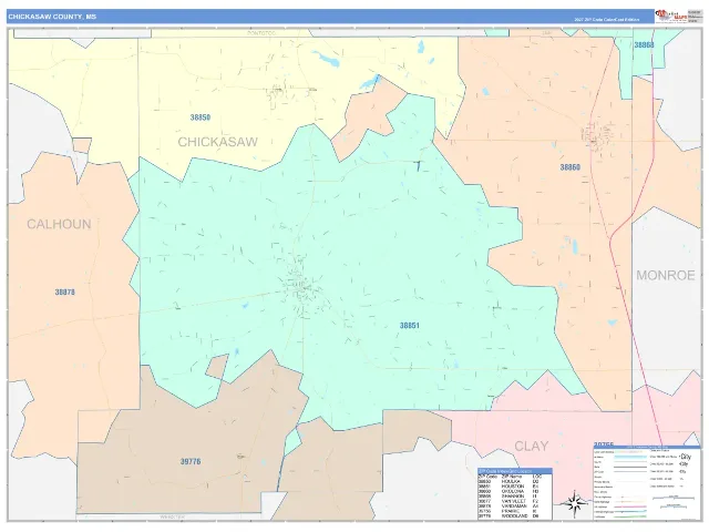 Chickasaw County, MS ZIP Code Wall Map, ColorCast style