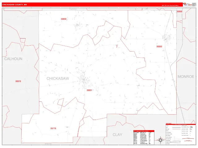 Chickasaw County, MS ZIP Code Wall Map, RedLine style