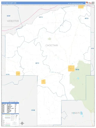 Choctaw County, MS Business Reference style ZIP Code wall map