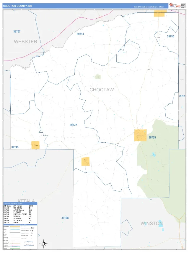 Choctaw County, MS ZIP Code Wall Map, Business Reference style