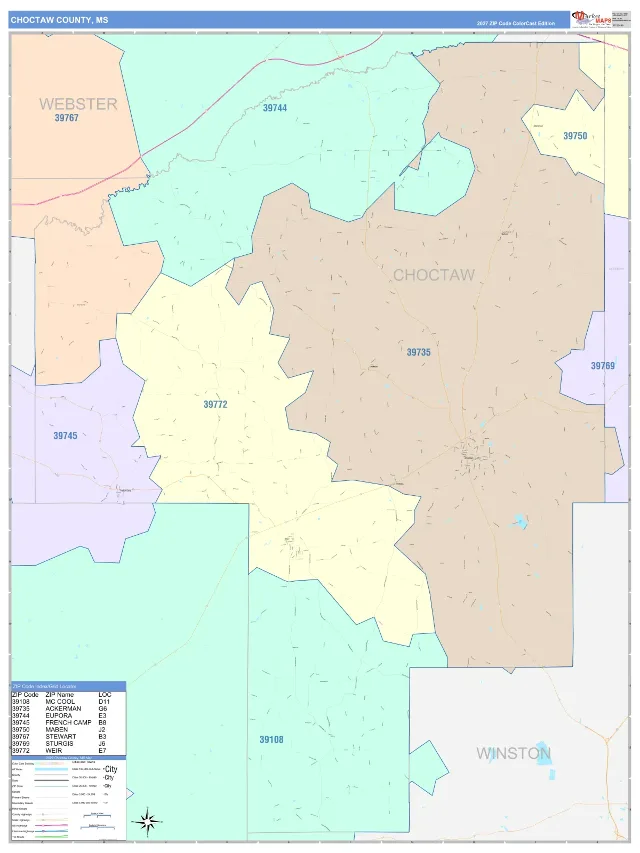 Choctaw County, MS ZIP Code Wall Map, ColorCast style
