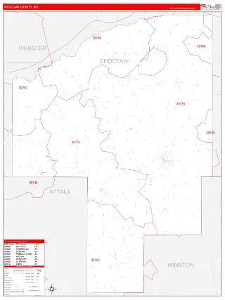 Choctaw County, MS RedLine style ZIP Code wall map
