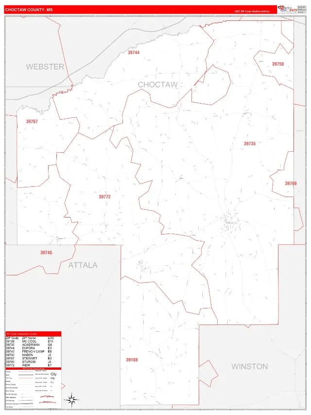 Choctaw County, MS ZIP Code Wall Map, RedLine style