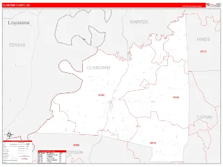 Claiborne County, MS RedLine style ZIP Code wall map