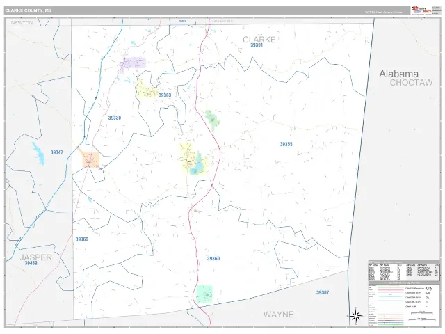 Clarke County, MS ZIP Code Wall Map, Classic style