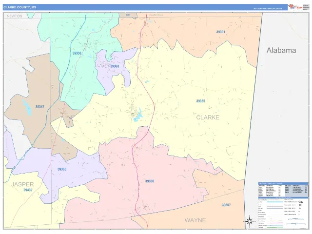 Clarke County, MS ZIP Code Wall Map, ColorCast style
