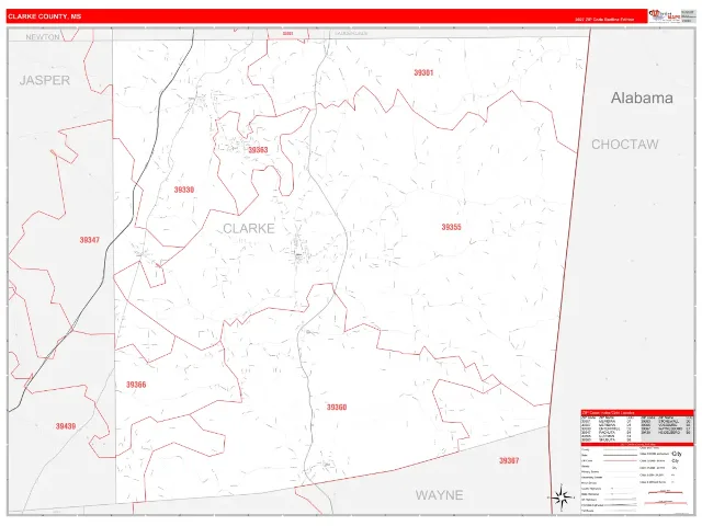 Clarke County, MS ZIP Code Wall Map, RedLine style