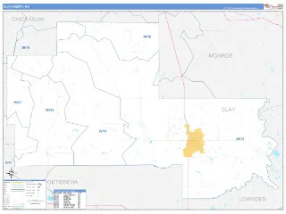 Clay County, MS Business Reference style ZIP Code wall map