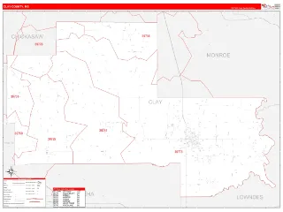 Clay County, MS RedLine style ZIP Code wall map