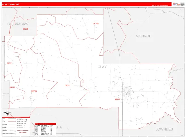 Clay County, MS ZIP Code Wall Map, RedLine style