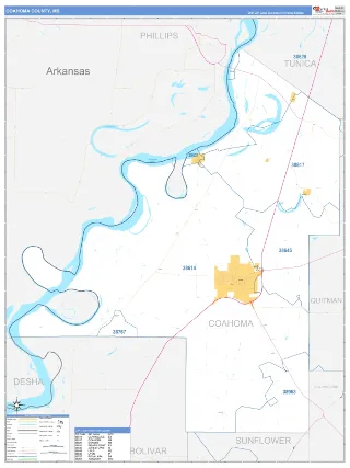 Coahoma County, MS Business Reference style ZIP Code wall map