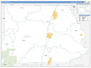 Copiah County, MS Business Reference style ZIP Code wall map