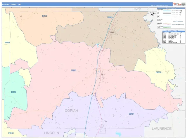Copiah County, MS ZIP Code Wall Map, ColorCast style