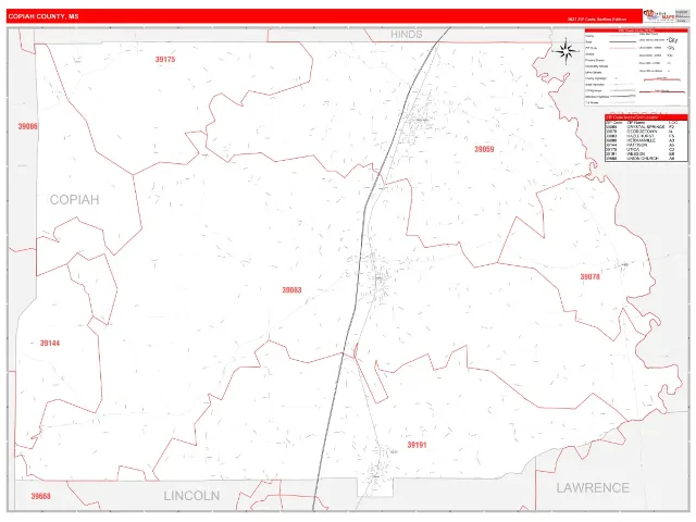 Copiah County, MS ZIP Code Wall Map, RedLine style