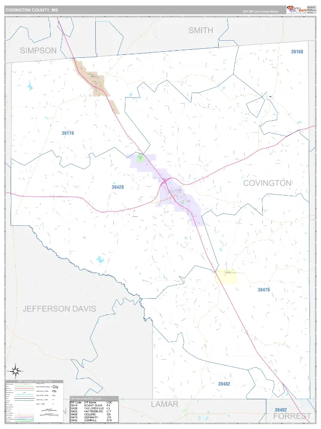 Covington County, MS ZIP Code Wall Map, Classic style