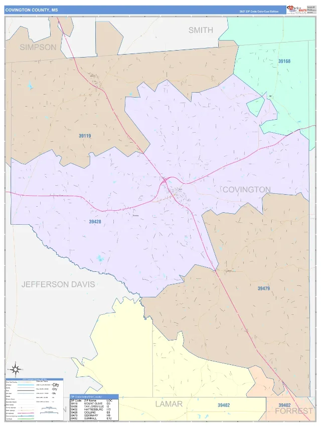 Covington County, MS ZIP Code Wall Map, ColorCast style