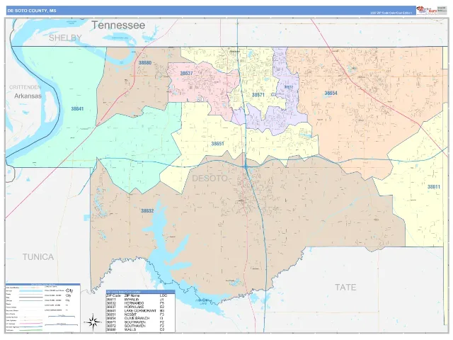 DeSoto County, MS ZIP Code Wall Map, ColorCast style