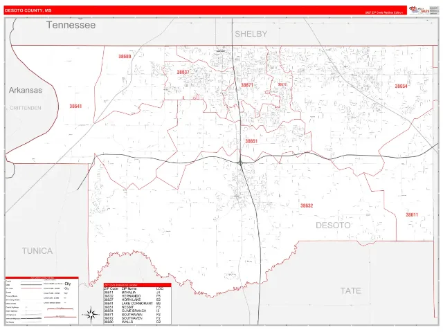 DeSoto County, MS ZIP Code Wall Map, RedLine style