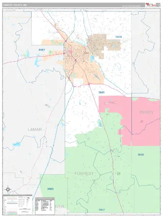 Forrest County, MS Classic style ZIP Code wall map