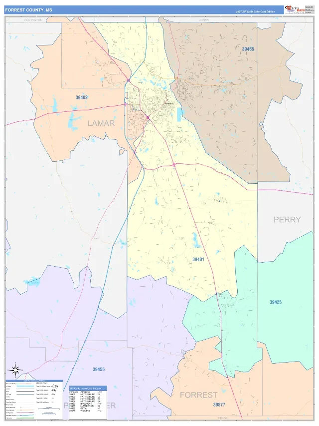 Forrest County, MS ZIP Code Wall Map, ColorCast style