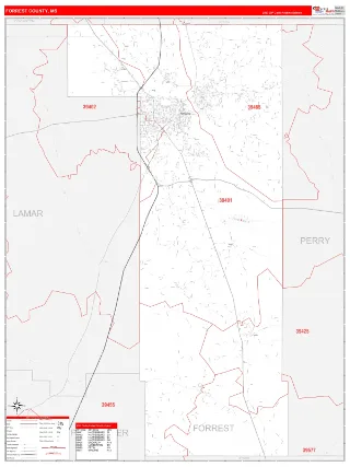 Forrest County, MS RedLine style ZIP Code wall map