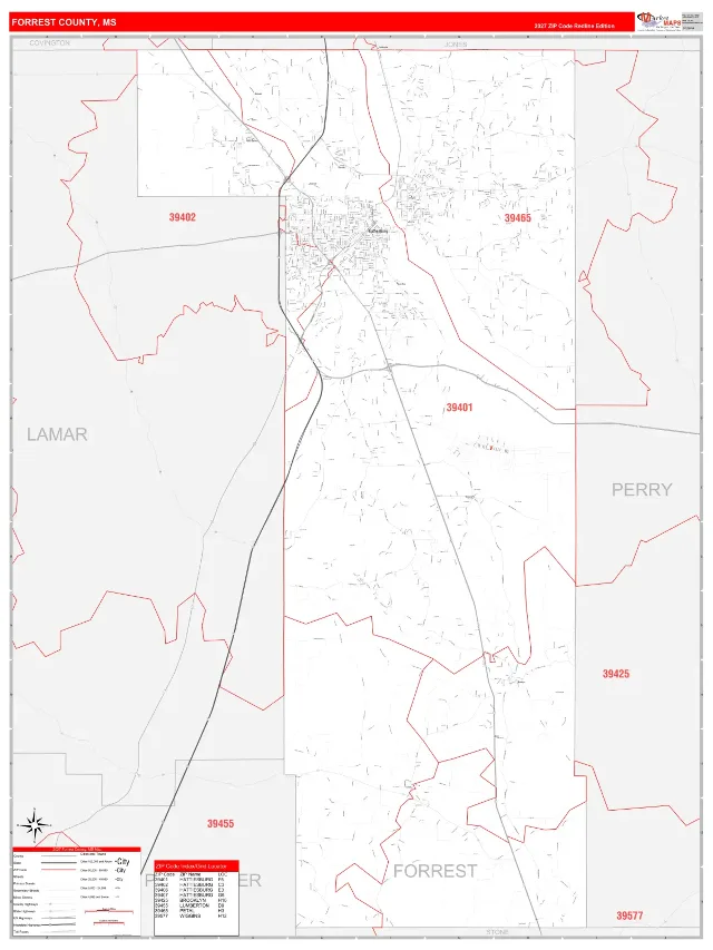 Forrest County, MS ZIP Code Wall Map, RedLine style